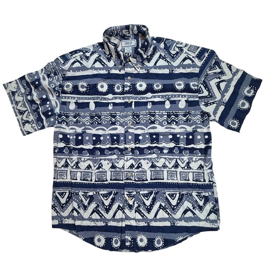 Career Club Mens XL Cotton Short Sleeve Tribal Geometric Print Button Down Shirt